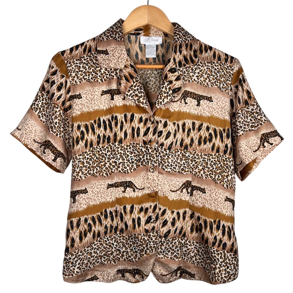 Vintage K. Arnold 100% Silk Safari Animal Print Short Sleeve Top Small